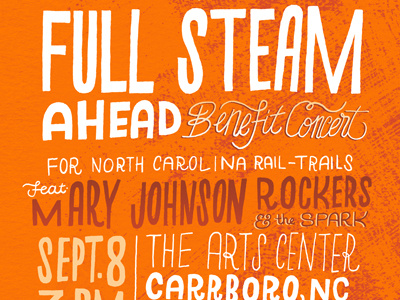 Full Steam/Rail-Trails benefit concert poster band concert full steam brewery north carolina rail trails orange poster typography