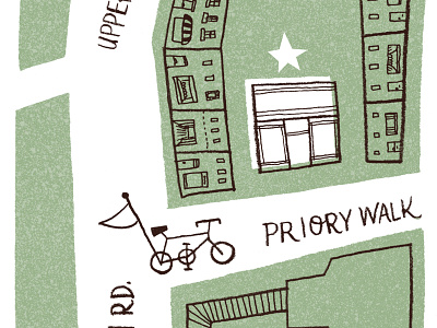 Folly Map bicycle buildings green illustration map shop streets typography