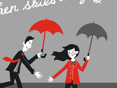 Gray skies character couple gray illustration love people rain red umbrellas