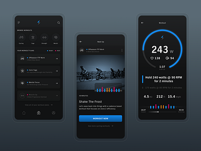 Indoor cycling app cycling dark dark app dark mode dark theme dark ui garmin strava sufferfest ui design uiux uiuxdesign wahoo workout workout app workout tracker zwift