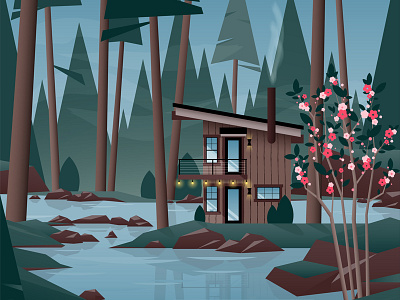 Lake Cabin cabin flower forest house illustration lake northwest pine pnw reflection rock tree