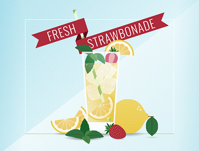 Fresh Strawbonade art banner blue bubbles design drink flat food geometric ice icon illustration illustrator lemonade lemons minimal mint straw strawberry vector
