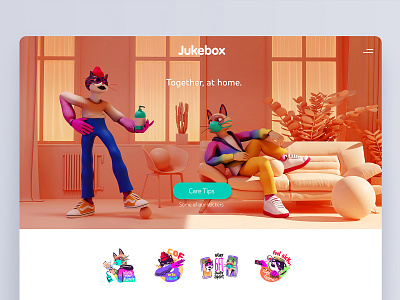 Together, at Home. Jukebox Stickers 3d blender character character design covid19 design home homepage illustration interface octane sticker ui ux