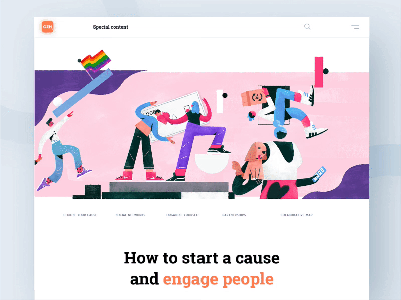 Engage people animation brand character design editorial illustration interface minimalism typography ui ux web