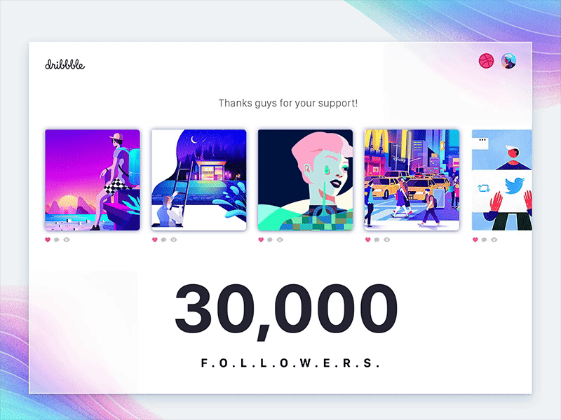 Thanks for 30k followers! animation app cards design dribbble illustration like motion page ui ux web