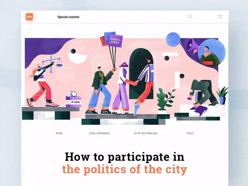 How participate in the politics of the city animation app brand cel animation character creative design flat illustration interface motion politics ui ux web