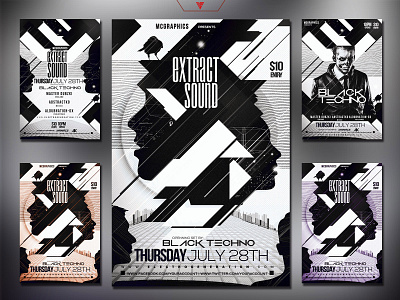Extract Sounds Photoshop Flyer Template album artwork black black white black and white cyberpunk edm electro extract flyer futuristic graphicdesign minimal music photoshop template poster retrowave sound synthwave