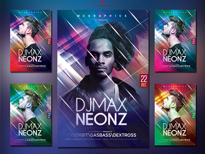 DJ MAX NEONZ PHOTOSHOP TEMPLATE aesthetic cyberpunk dj dubstep edm electro flyer futuristic graphicdesign modern design music negative space neon photoshop template poster retrowave vaporwave