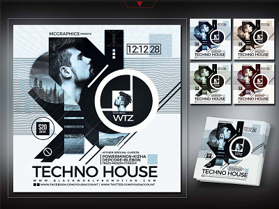 Techno House Music Event Flyer Template club event cyberpunk edm electro futuristic graphicdesign itunes night club party flyer photoshop template promote djs social media soundcloud spotify techno hose