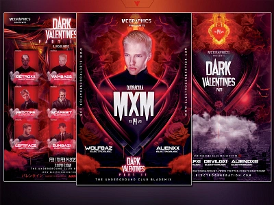 Electro Music Dark Valentines Flyer Bundle Vol 53 blood cyberpunk dark dark valentine design dj edm electro flyer futuristic graphicdesign illustration photoshop template red valentine vampire