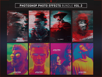 Photoshop Photo Effects Bundle Volume 2 album artwork colors cyberpunk electro glitch glitch effect graphicdesign instagram stories photo effects photography photoshop template photoshop templates poster rgb