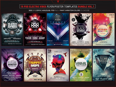 10 PSD Electro Vibes Flyer/Poster Template Bundle Vol. 1