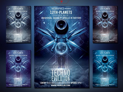 Techno Evolution Photoshop Flyer Template album artwork album cover album cover art cyberpunk drum and bass dubstep edm electro evolution flyer graphicdesign photoshop template poster techno