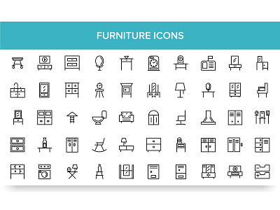 FURNITURE ICONS bed cabinet chair collection design desk furniture home icon illustration interior lamp office room set sofa symbol table vector wardrobe