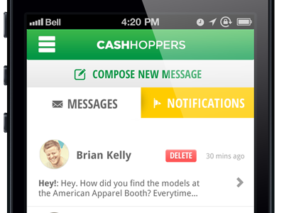 Messaging Friends in Cash Hoppers app button game green iphone message tabs ui ux