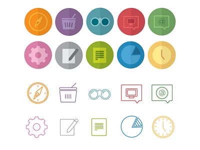 Product Icons. Flat & Line versions basket binoculars clock compass flat gear icons line pie chart