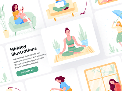 Miriday Illustrations ☘ 18design cards character clean clean ui flowers garden grow illustration interface minimal minimalism minimalist minimalistic plant plants ui uidesign vector yoga