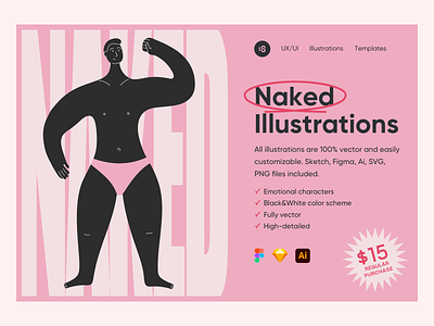 Naked Illustrations 18design black white character clean clean ui colorful colors illustration interface minimal minimalism minimalist minimalistic naked nude pink typography ui uidesign vector