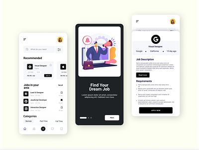 Job Finder App Design app clean ui creative design job job find minimal mobile ui ui design