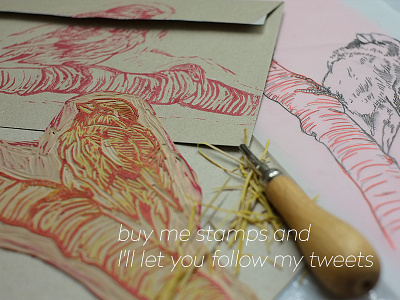 buy me stamps – follow my tweets bird couverts cut envelope kuverts linecut lino linoleum print spatz tweet