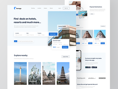 Tamago ~ Hotel Booking Landing Page Exploration 🏨 accomodation booking booking website clean header hero section hostel hotel hotel booking landing page room simple travel travel landing page ui web web booking web design website website design