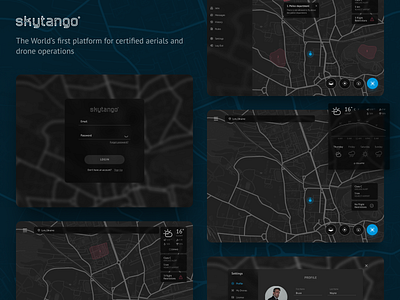 Skytango Drone App 2020 trend app dark theme drone flat futuristic location login map menu modern profile quadrocopter tablet trends ui ux weather widget