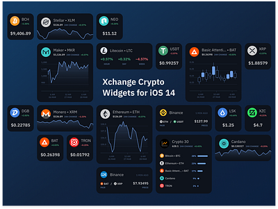 Xchange — Crypto Platform Widgets for iOS 14 2020 trend bitcoin crypto crypto exchange cryptocurrency dark dark ui design ethereum flat ios ios14 ui ux web web design website widget