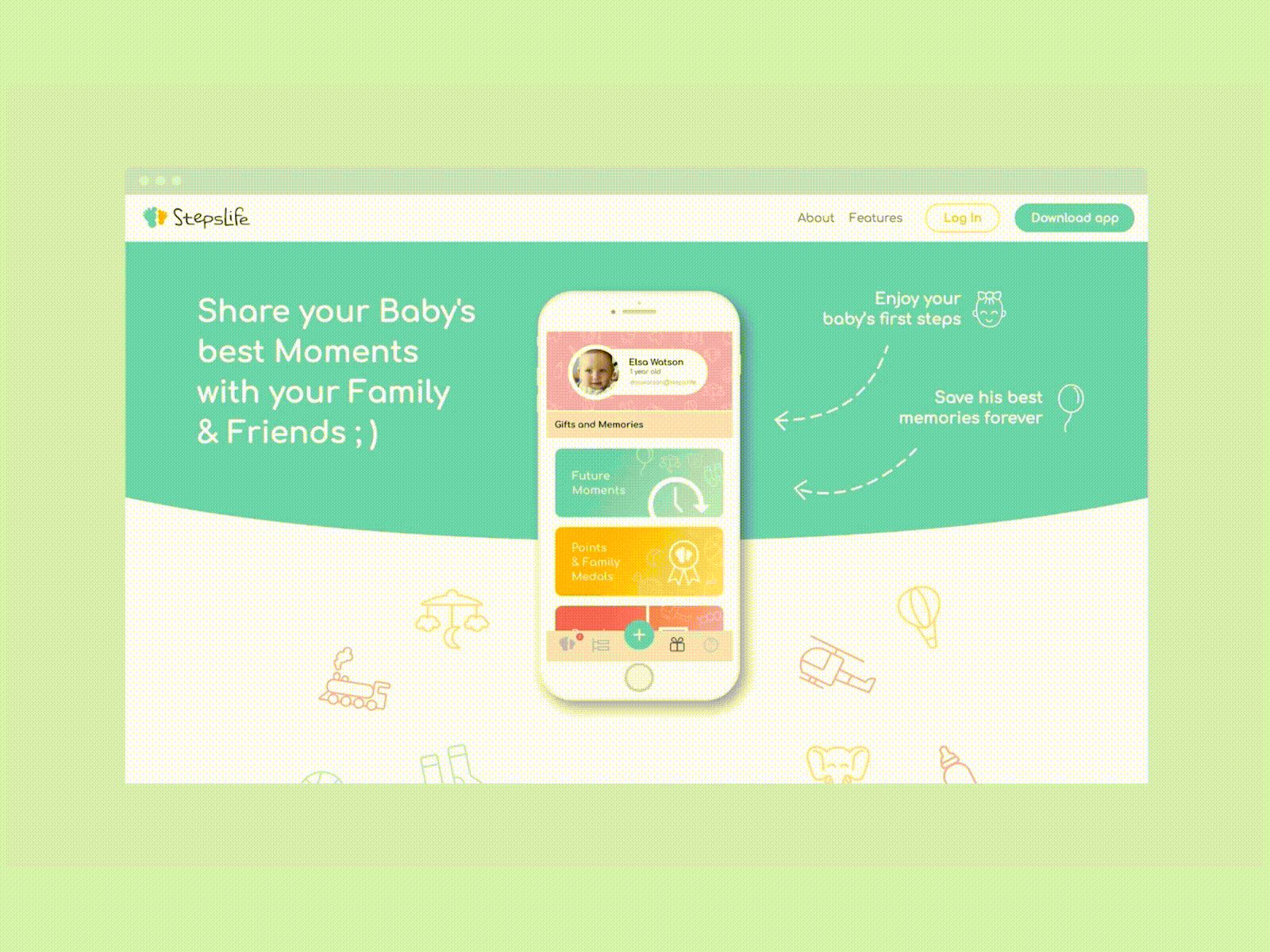 Stepslife web & app design app app design baby branding child design icons illustration landing page ux webdesign