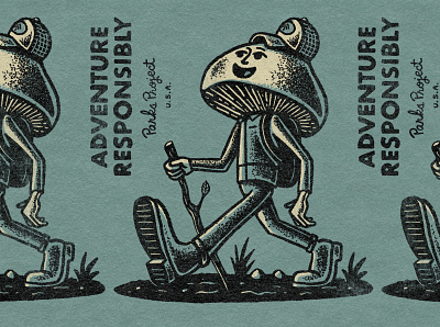 Adventure Responsibly character forest illustration ink mushroom outdoors parks retro shrooms state parks stipple vintage walking