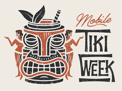 Mobile Tiki Week Full alabama face hawaiian hula illustration island logo polynesian skull surf tiki typography