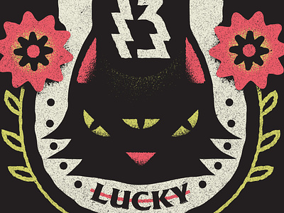Lucky 13 13 badge blackcat cat eyes floral flowers grain grit horseshoe illustration logo luck negative space numeral texture