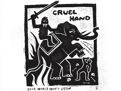 Cruel blackandwhite creature cruel elephant handlettering inktober sword woodcut
