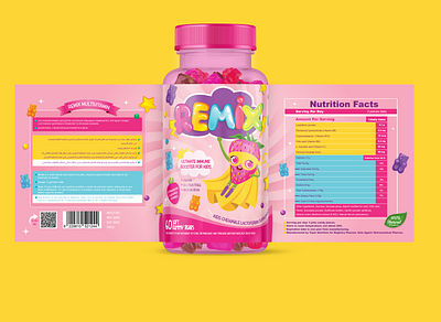 Remix Kids Multivitamin Gummies - Packaging Design branding creative design graphic design illustration kids medication packaging pharmaceutical supplement vitamin