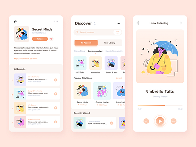 Podcast Mobile Interface App application cards clean clean ui illustration minimal mobile mobile app pastel play playlist podcast podcasts ui ux