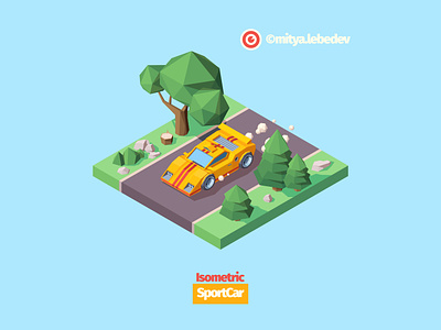 Sport Car On The Road adobe illustrator car colorful concept game design illustration illustrator isolated isometric isometry product project road rock speed sportcar tires trees vector