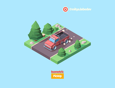 Isometric Pickup On The Road adobe illustrator art car colorful design drive driver forest game design isometric isometry pickup project road rock travel truck vector