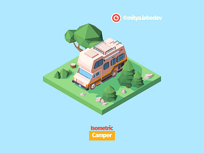 Isometric Camper In The Forest adobe illustrator camper camping car colorful forest game design home house illustration isometric isometry project vector