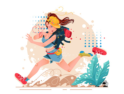 A girl on vacation, escapes from a "giant spider";) backpacking holidays character design flat holiday illustraion loony rabbit minimal running sport vector woman