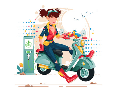 A young woman charging an electric scooter character design electric vehicle green energy illustraion loony rabbit minimal scooter vector woman
