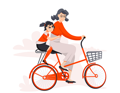 Grandma and granddaughter bicycle character girl granddaughter grandmother illustration person vector