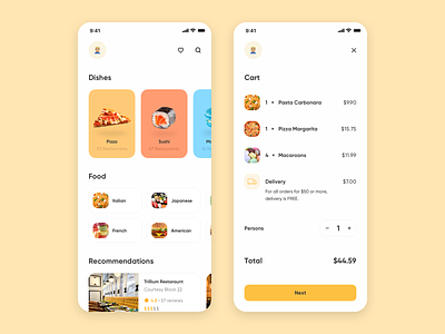 Food Delivery App app card cart category delivery dishes flat food ios minimal mobile recommendations typogaphy ui ux
