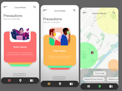 Covid-19 Relief UI app card clean corona coronavirus covid19 design flat illustration location app location tracker map minimalism minimaluiuxadobexdphotoshop swipes ux vector