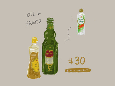 Plastic Free July 30 - Cooking oil & sauce daily illustration design everyday glassbottle illustration noplastic oliveoil plasticfreejuly sesameoil