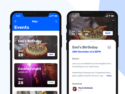 Event management app - Riipy app design event iphonex list mobile ui ux