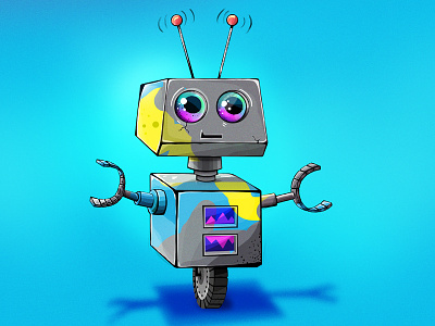 Robot Splatter blue character cute fun illustration metallic robot