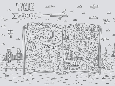 The World is a Book book bridge buildings hand illustration mountains north america road sketch trees water world