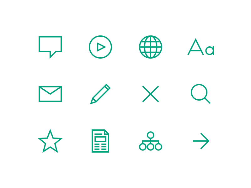 PEN Website – Icons arrow search edit email text global player comment green icons