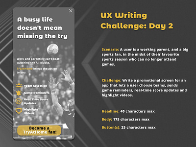 UX Writing Challenge: Day 2 daily dailychallenge experiment promo promoscreen research research development rugby user experience ux ux design ux writing uxchallenge uxwritingchallenge