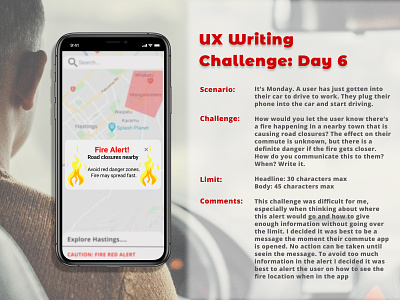 UX Writing Challenge: Day 6 alert alerts app dailychallenge day 6 experiment fire map navigation popup user experience ux ux design ux research uxwriting warning writing writing challenge