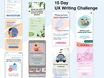 15 Day UX Writing Challenge app daily challenge design error experiment login notification onboarding promotion ui uiux user experience ux ux challenge ux design uxwriting writing